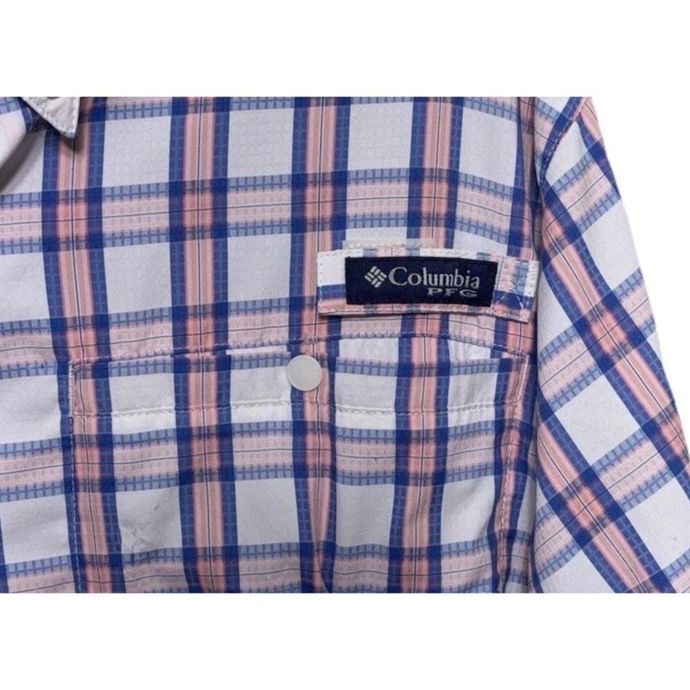 Columbia PFG Super Tamiami Mens Medium Plaid Fishing Shirt Blue Pink And White - Picture 3 of 10